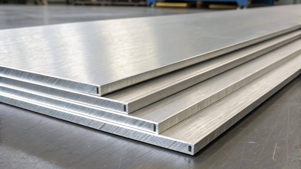 alt text: Examples of architectural aluminum profiles (window frames, trim) typical of 6063